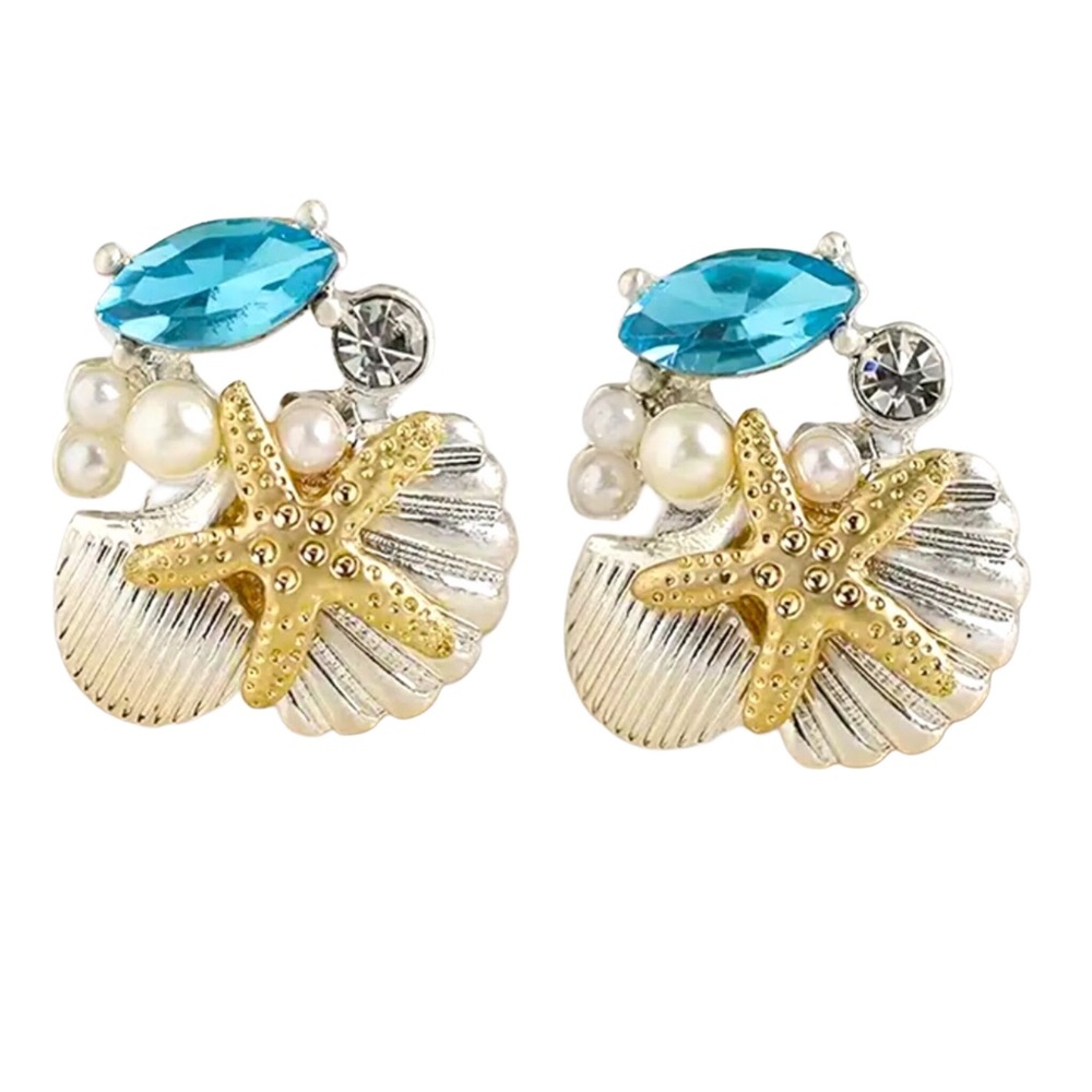 Ocean Starfish Shell Pearl 14K Gold Plated Stud Earrings